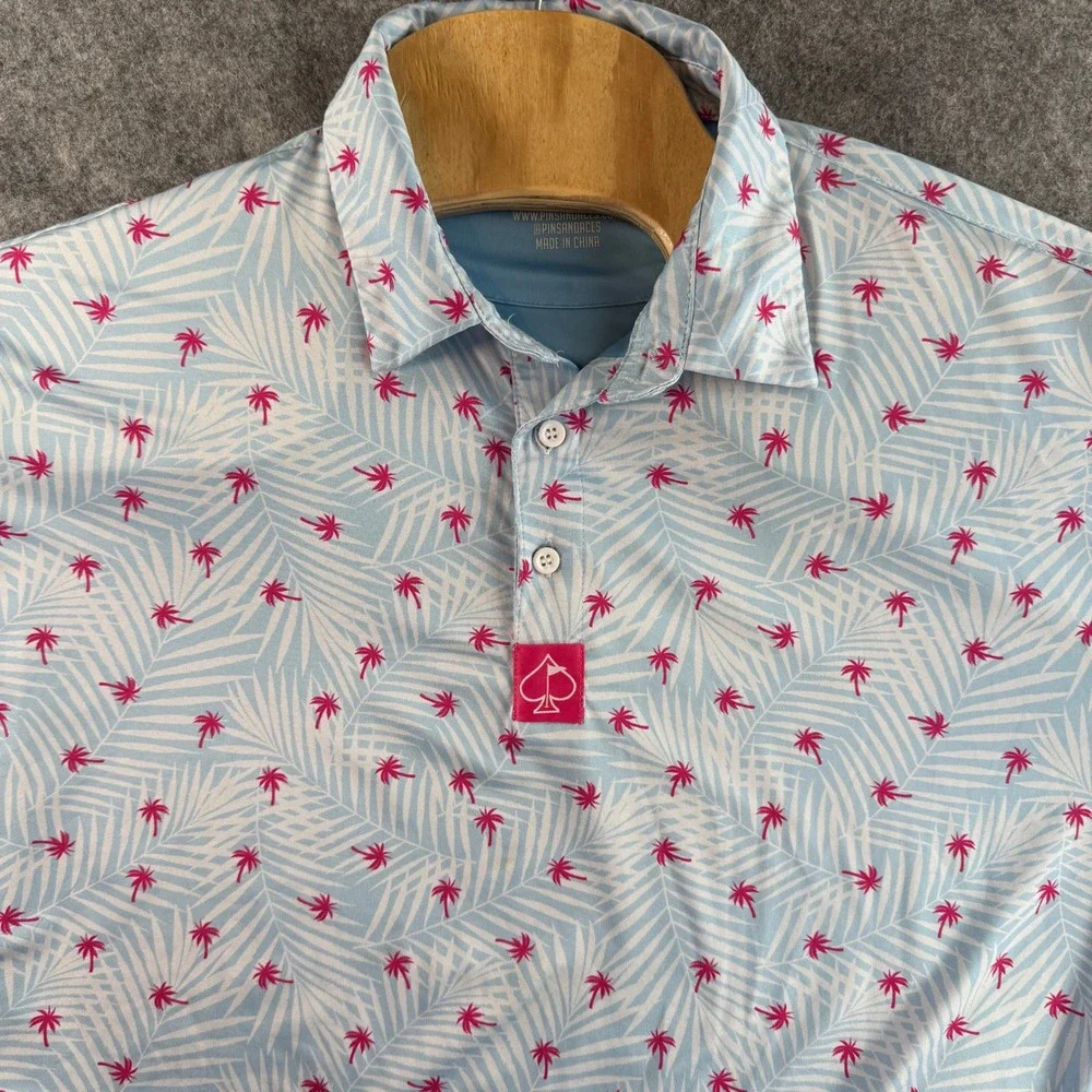Pins & Aces Polo Shirt Men XXL Blue Pink Tropical Palm Tree Performance Golf Tee
